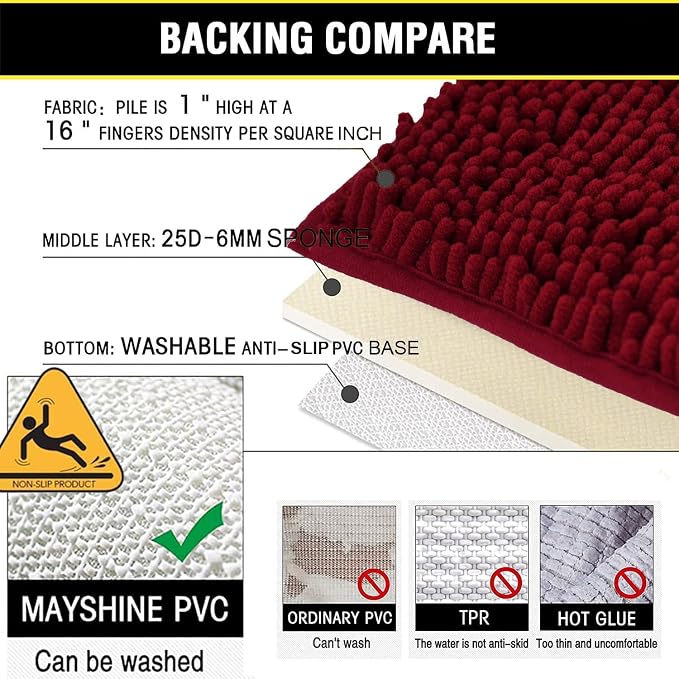 BOANKODU Bath Mat Set, 2 Piece - Soft Chenille, Non-Slip, 32x20 Inch + 20x20 Inch U Shape, Machine Washable (Burgundy)
