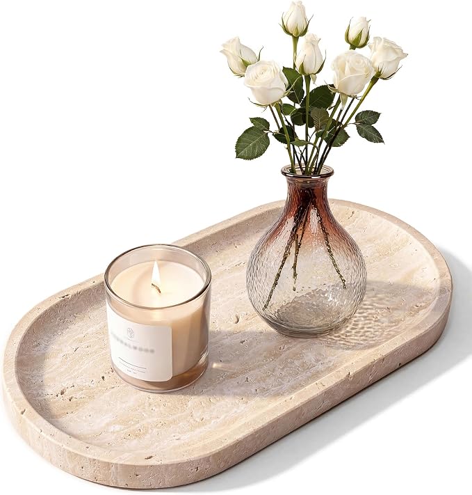 Natural Italian Travertine Tray Oval Decorative Marble Vanity Tray for Bathroom Countertop Hand-Polished Organizer for Kitchen Soap Jewelry Coffee Table Beige (11.8X5.9 Inch)