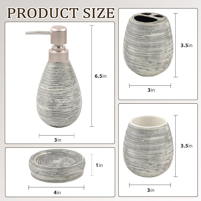 CERBIOR Bathroom Accessories Set,4 PCS Ceramic Bath Accessory,Grey | Includes Toothbrush Holder, Toothbrush Cup, Soap Dish for Decorative Countertop and Housewarming Gift