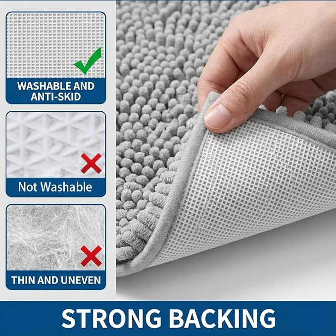 Bathroom Rugs Sets 2 Piece,Super Absorbent Chenille Bath Mats and U-Shaped Toilet Rug,Strong PVC Non Slip Backing,Microfiber Washable Dry Quickly Bath Mats for Bathroom(20"x32"+20"x20"U, Light Grey)