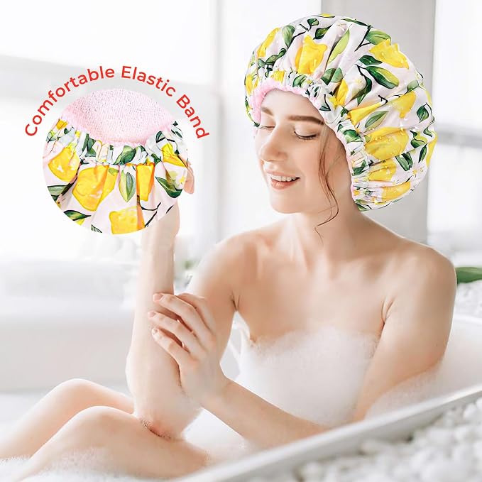 Shower Cap for Women Terry Lined Bath Cap Large Reusable Waterproof Elastic Lemon Shower Caps for Long Thick Hair Soft Bath Shower Hair Caps