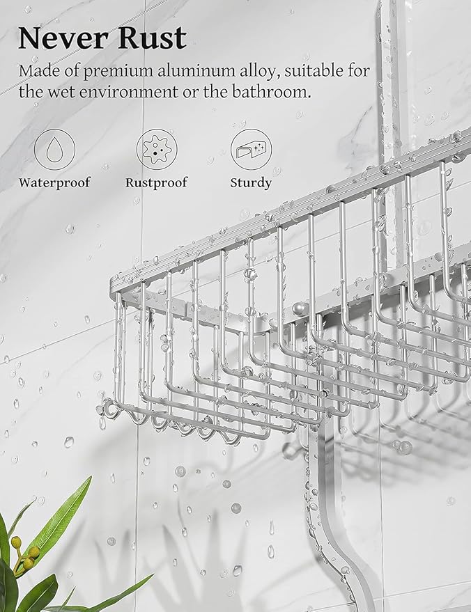 Never Rust Shower Caddy Hanging, Aluminum Shower Racks for Inside Shower, 3-Tier Shower Organizer Hanging Over Shower Head with Hooks and Soap Holder, Silver
