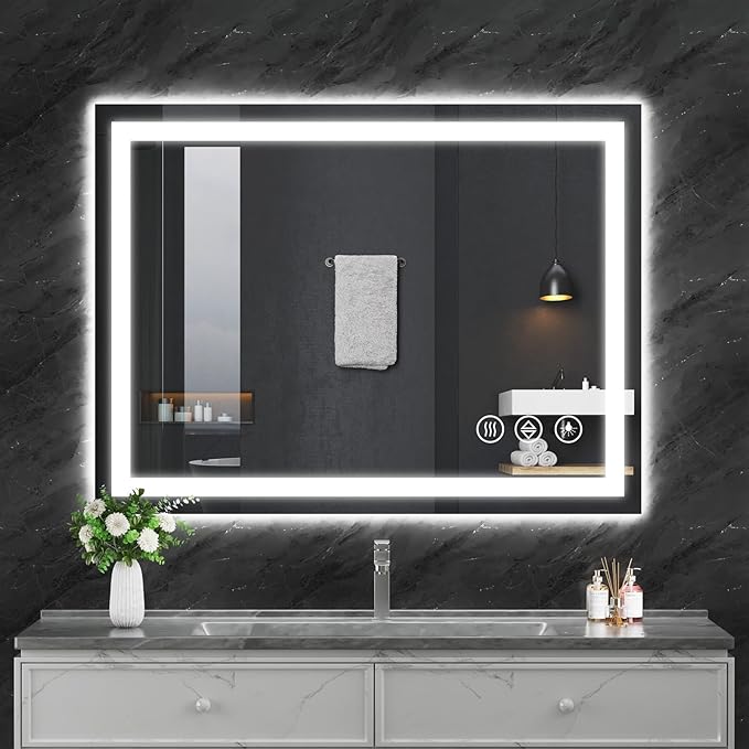Koonmi 48x30 LED Bathroom Mirror with Light, Anti-Fog, 3 Colors | Backlit + Front Lit, Dimmable Brightness, Shatterproof HD Distortion-Free Tempered Glass, Hardware Included