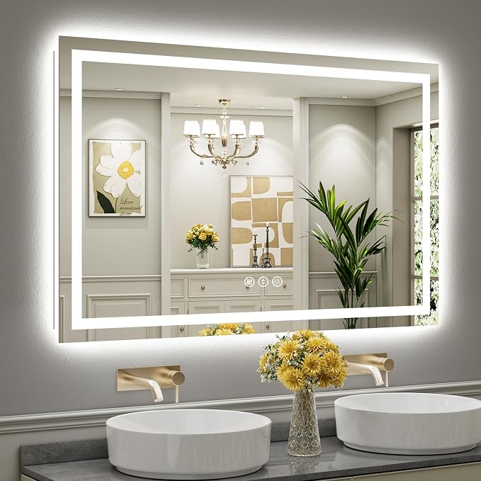 Briivue 55x36 Inch LED Bathroom Mirror with Lights, Backlit & Front | Anti-fog, 3 Color Dimmable, Memory Function, HD Reflection Tempered Glass, ETL Listed, IP54 Waterproof