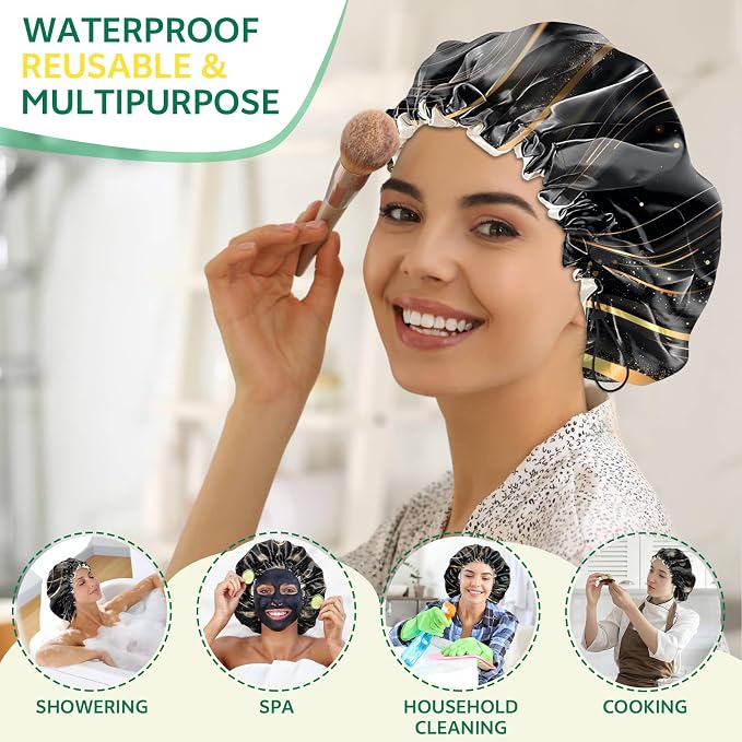 2 PCS Shower Cap Waterproof Double Layer Elastic Adjustable Reusable Hair Bath Caps for Girls Women Cute Aesthetic-Black 2