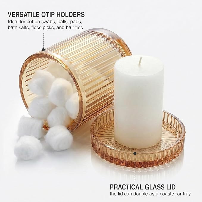 Bathroom Organizers and Storage,2 Pack Glass Qtip Holder Dispenser,Bathroom Essentials Accessories Decor,Vanity Makeup Storage Organizer for Cotton Swabs,Cotton Balls,Pads,Floss Picks (Amber)