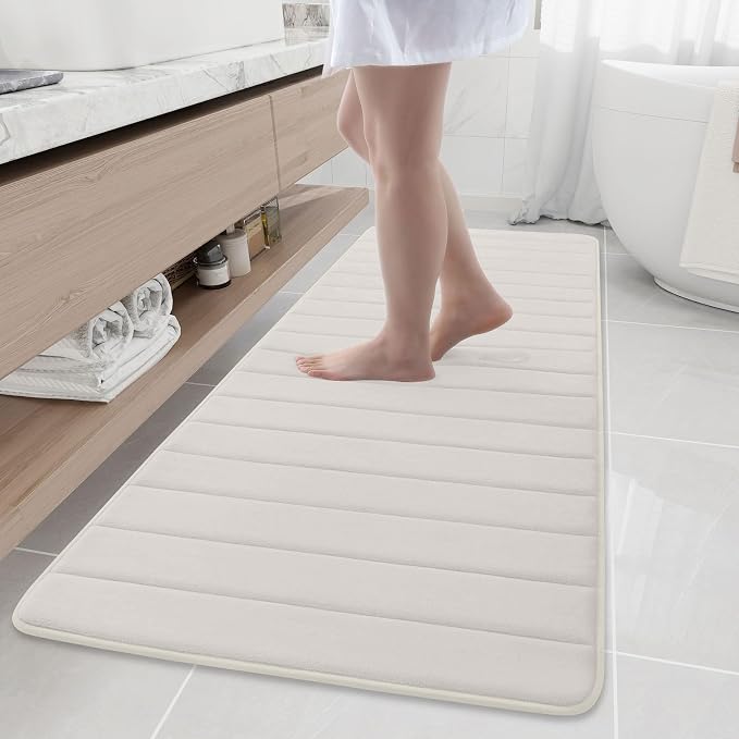 Buganda Memory Foam Bath Mat 70 x 24, Ultra Soft Absorbent Bathroom Rugs | Cream, Machine Washable Quick Dry Bath Mats for Bathroom Floor, Shower and Tub, Home Decor Accessories