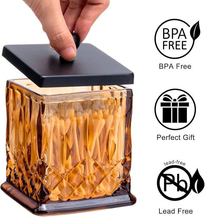 15Oz Amber Glass Q-Tip Holder, Thick Glass & Matte Black Lid | Square Design, for Q-Tips, Cotton Pads, Jewelry, Candy, Square