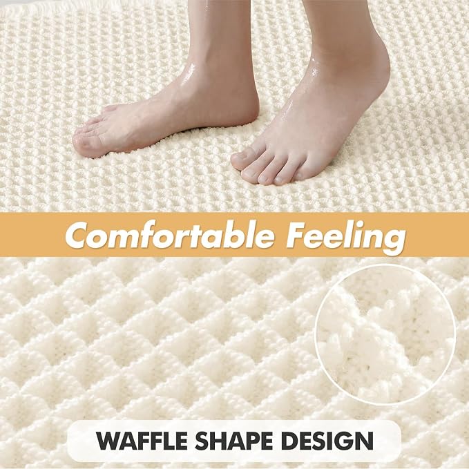 MIULEE Set of 2 Waffle Bathroom Rugs Boho Bath Mat Cream White 17x24 Inch | Non Slip, Super Absorbent, Washable, Ultra Soft, Rubber Backed, Small Bath Rugs for Bathroom Floor Tub Shower