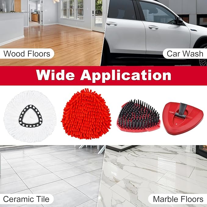 Mop Heads Replacement Compatible with O-Cedar EasyWring 1-Tank System, Includes 2 Microfiber + 2 Chenille Refills + 1 Scrub Brush + 1 Spin Mop Base for Hard Floor Cleaning