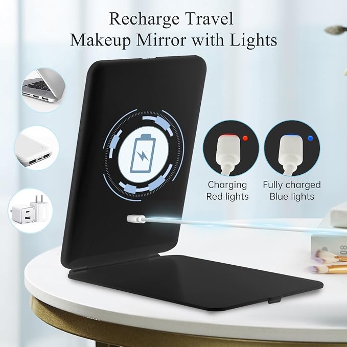 FUNTOUCH Rechargeable Travel Makeup Mirror with 72 Led Lights Portable | Lighted Beauty Mirror, 3 Color Lighting, Dimmable Touch Screen, Tabletop LED Folding Cosmetic Vanity Mirror