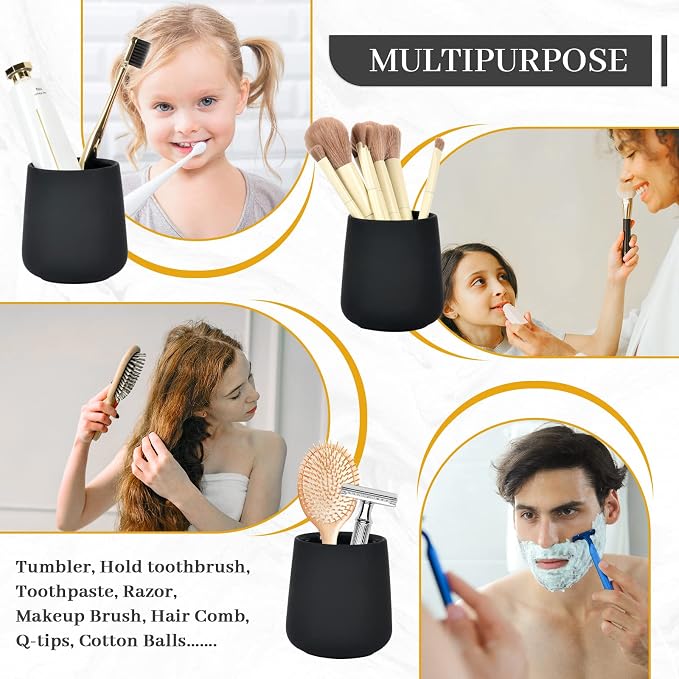 BosilunLife Ceramic Bathroom Accessories Set 3 Pcs | Liquid Soap Dispenser and Toothbrush Holder with Tray, Modern Farmhouse Vanity Decor, Black Housewarming Gift (Black-Liquid)