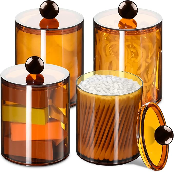 4 Pcs Acrylic Qtip Holder, Cotton Ball Holder Jars with Lids, Brown | Apothecary Jars for Cotton Swabs, Balls, Pads and Floss Picks, Bathroom Vanity Organizer