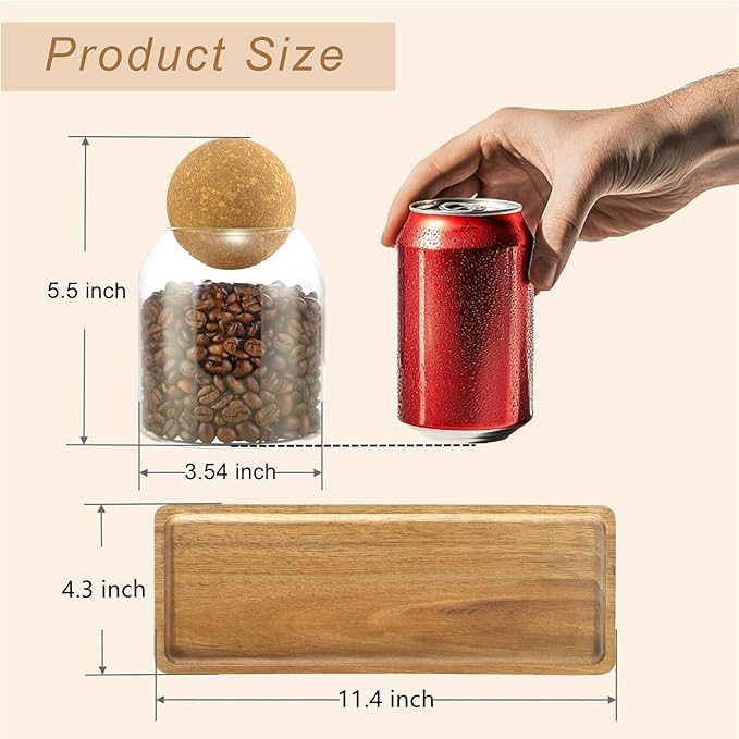 3 Pack Glass Jars with Cork Ball Lids, 17oz Tea Coffee Sugar Container Set | Decorative Coffee and Sugar Jars, Glass Coffee Bar Containers with Acacia Tray, Small Glass Storage Jars, Sugar Holder