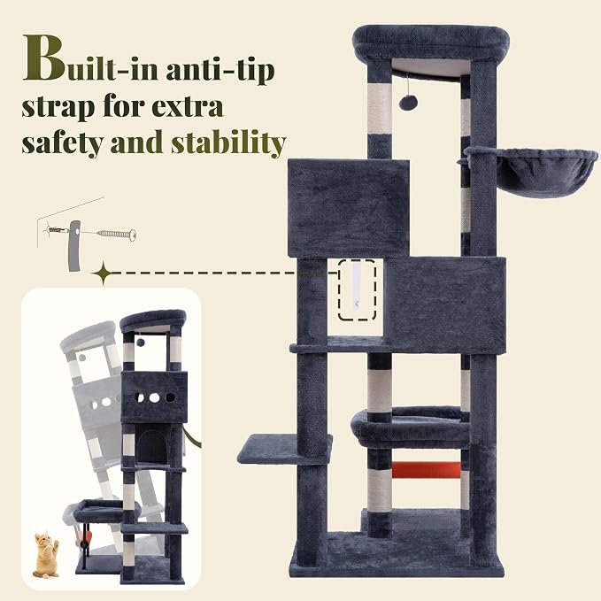 Hey-brother Cat Tree Tower with Stable L-Shaped Widen Base, Condo, MPJ086G | 68.5 Inches Multi-Level Furniture with 2 Platforms, 11 Scratching Posts, Hammock and Toys Ball for Indoor Cats, Smoky Gray