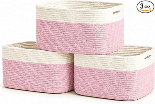OrganiHaus Pink Cotton Rope Baskets for Shelves, Set of 3 - 15"×10"×9½" - Colorful Storage Baskets for Kids - Nursery, Playroom, Classroom - Toy Storage, Books, Towels