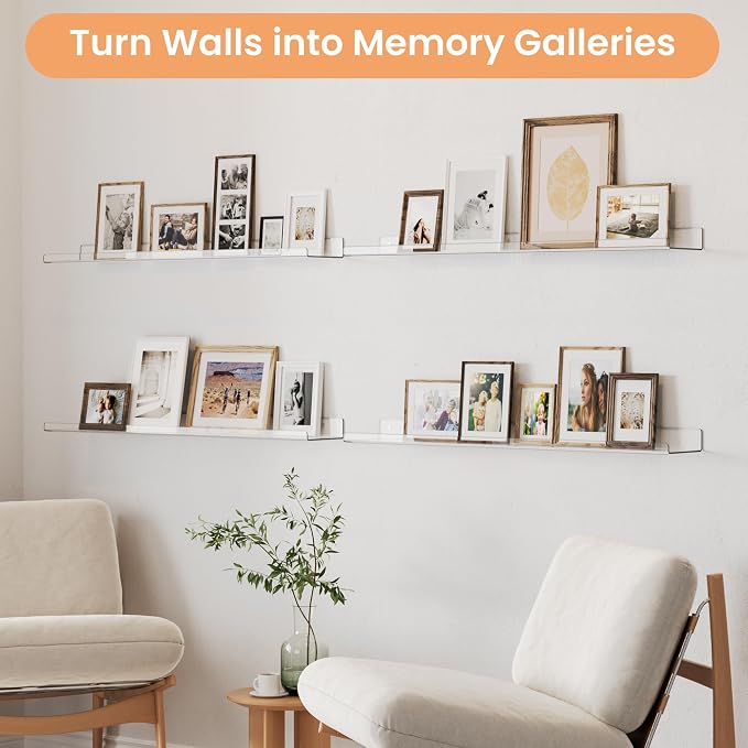 upsimples 2 Pack 35.5x5.5 Inches Acrylic Shelves for Wall Storage, Floating Bookshelves for Kids, Display Shelf Organizer for Bathroom, Bedroom, Living Room, Kitchen, Clear