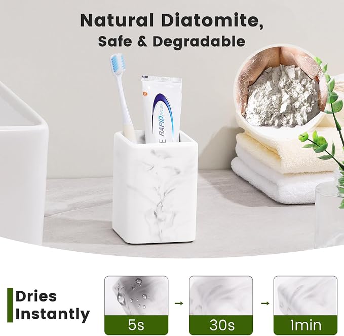 Luxspire Toothbrush Holders, Diatomite Toothbrush Cups for Bathroom, Marble | Fast Drying, Diatomaceous Earth, Electric Toothbrush Holder, Toothbrush and Toothpaste Holder, Bathroom Organizer Essentials