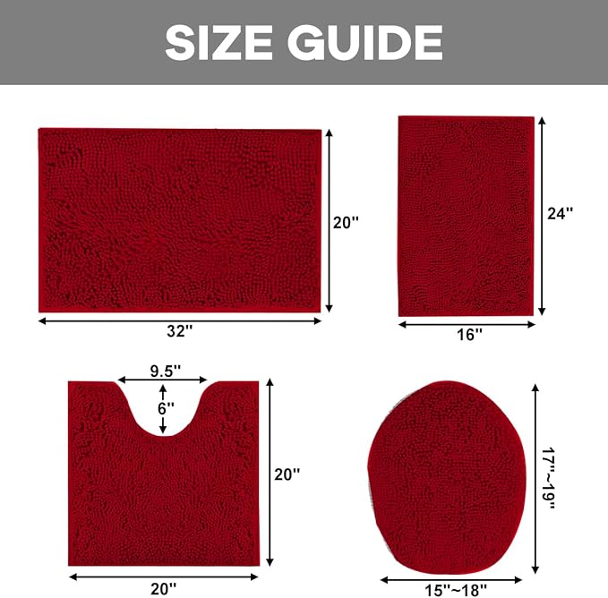 Burgundy Bathroom Rugs Sets 4 Piece with Toilet Lid Cover, Non Slip Bathroom Mats Extra Soft Chenille Bath Rugs Absorbent Shaggy Rugs Perfect Plush Mats U-Shaped Toilet Rug Set Home Decoration