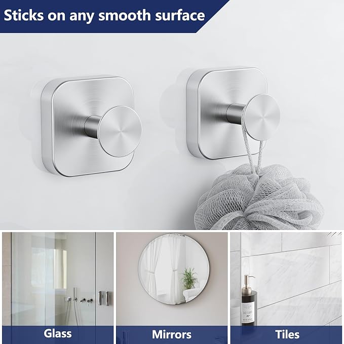 Aikzik Adhesive Hooks for Shower, Heavy Duty Replaceable Sticky Large Wall Towel Hooks for Hanging Towel, Robe, Coat, Stainless Steel Hook for Bathroom and Door, Waterproof & Rustproof - 2 Pack,Silver