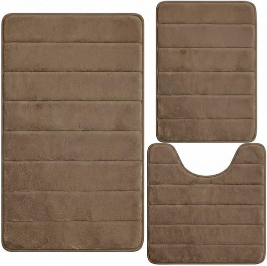 Bathroom Rugs Set 3 Piece, Memory Foam Bath Mats, Brown | Cloud-Like Cushioned Comfort; Soft Coral Velvet Surface; Absorbs Water Fast; Stay-Put PVC Backing; Easy Machine Wash Care