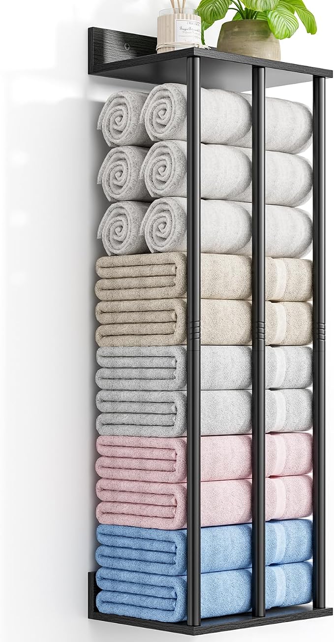 Towel Racks for Bathroom Wall Mounted with Wooden Storage Shelf | Updated 3 Bar Metal Towel Holder for Rolled Towels, Black Sturdy and Large Capacity, Towel Storage Organizer