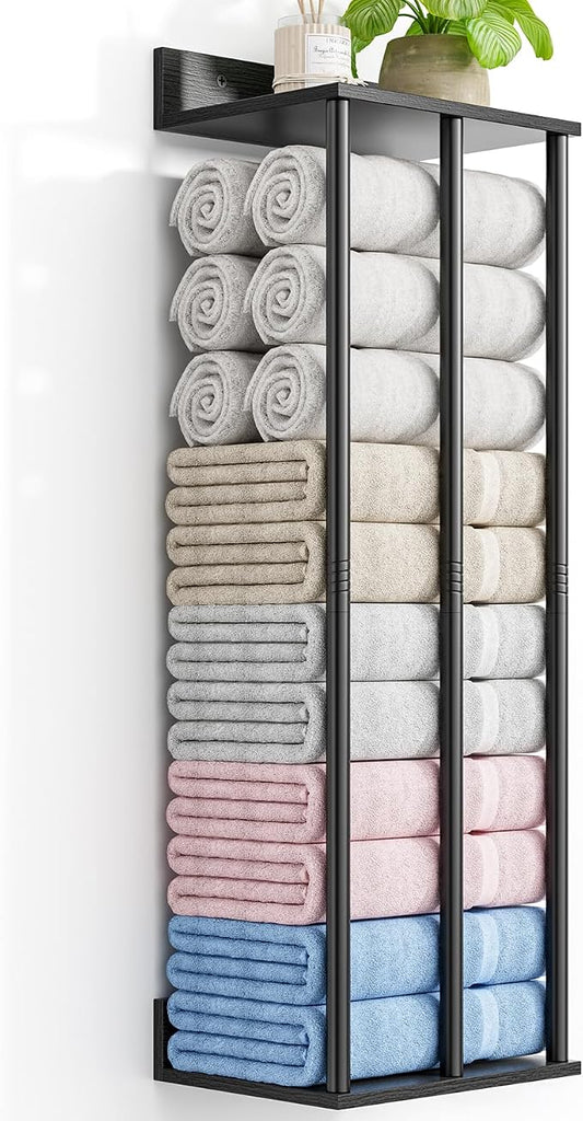 Towel Racks for Bathroom Wall Mounted with Wooden Storage Shelf | Updated 3 Bar Metal Towel Holder for Rolled Towels, Black Sturdy and Large Capacity, Towel Storage Organizer