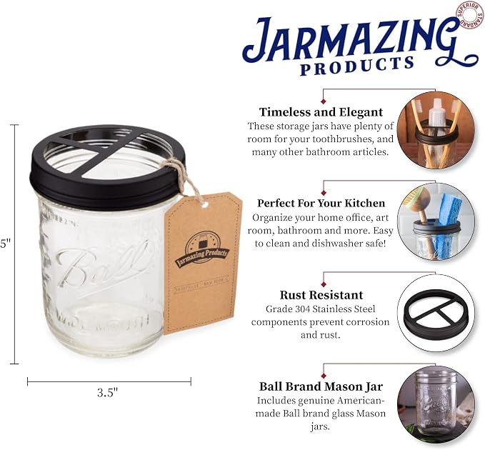 Jarmazing Products Mason Jar Toothbrush Holder – Black – with 16 Ounce Ball Mason Jar – Made from Rust-Proof Stainless Steel - Two Pack
