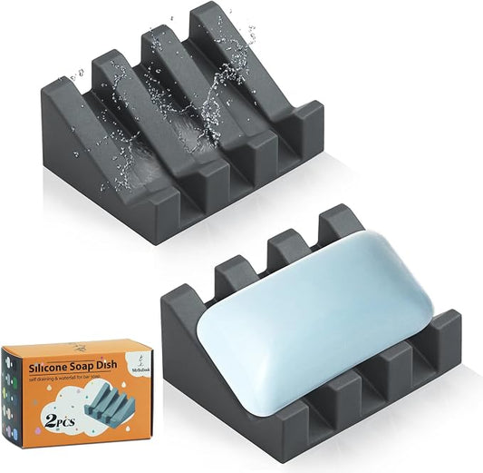 Self Draining Silicone Soap Dish Holder Waterfall Tray, 2 Pack Grey | Waterfall design drains fast to keep soap dry, non-slip silicone base anti slide, soap saver for bathroom & kitchen
