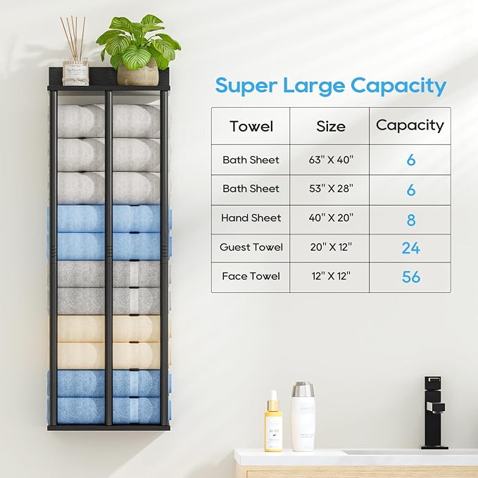 Towel Racks for Bathroom Wall Mounted with Wooden Storage Shelf | Updated 3 Bar Metal Towel Holder for Rolled Towels, Black Sturdy and Large Capacity, Towel Storage Organizer