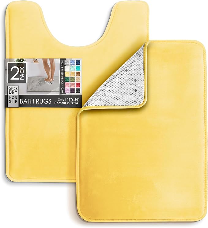 Clara Clark 2 Piece Bathroom Rugs, Velvet Memory Foam Bath Mat Set, Non-Slip Bath Rugs, Machine Wash, Dries Quickly, Ultra Soft Plush Bath Mats for Bathroom, 17 x 24 + Contour, Mellow Yellow