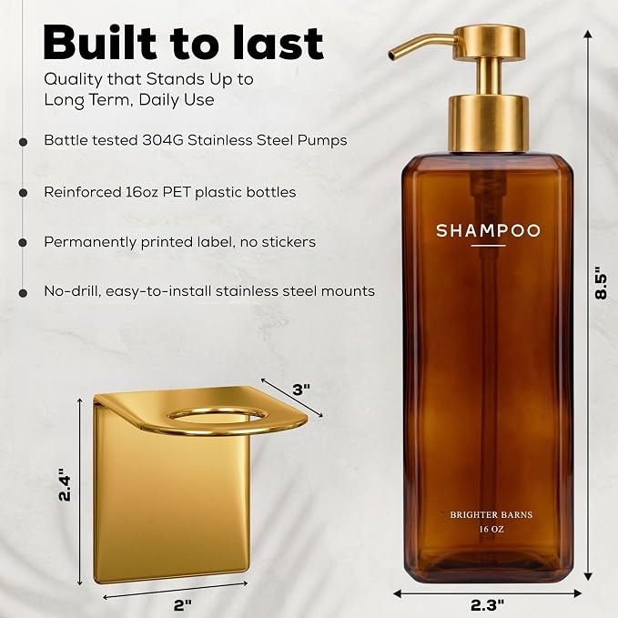 Luxury Shampoo and Conditioner Dispenser Set Wall Mounted by Brighter Barns - Shower Soap Dispensers with Drill Free Wall Mounts - Refillable Shampoo Bottles for Airbnb, Guest Bathroom (Amber Gold)