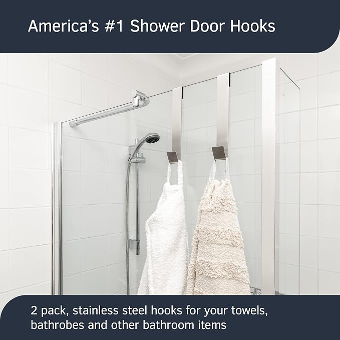 8" Shower Hooks, Silver, 2 Pack - Shower Towel & Door Hook for Frameless Glass Door (3/8" / 10mm)
