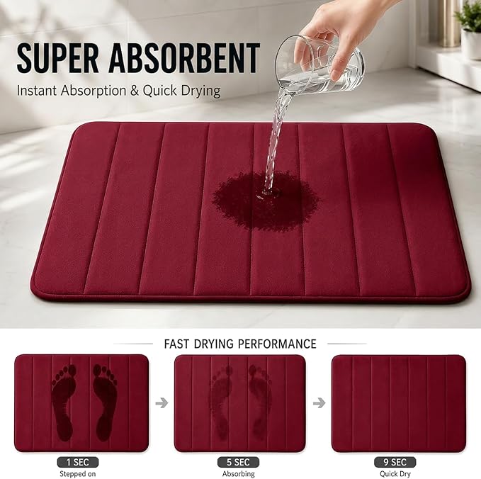 Memory Foam Bath Mat Set 3 Piece，Super Soft Absorbent Bathroom Rug Non Slip, Quick Dry,Machine Wash, Perfect Plush Bathroom Rugs,Home Decor Accessories,Burgundy