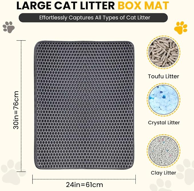 Andalus Brands Large Cat Litter Mat - Waterproof & Urine-Proof Litter Box Mat, Non-Slip Kitty Litter Mats for Floor, Easy to Clean Litter Trapping Design (30" x 24", Grey)