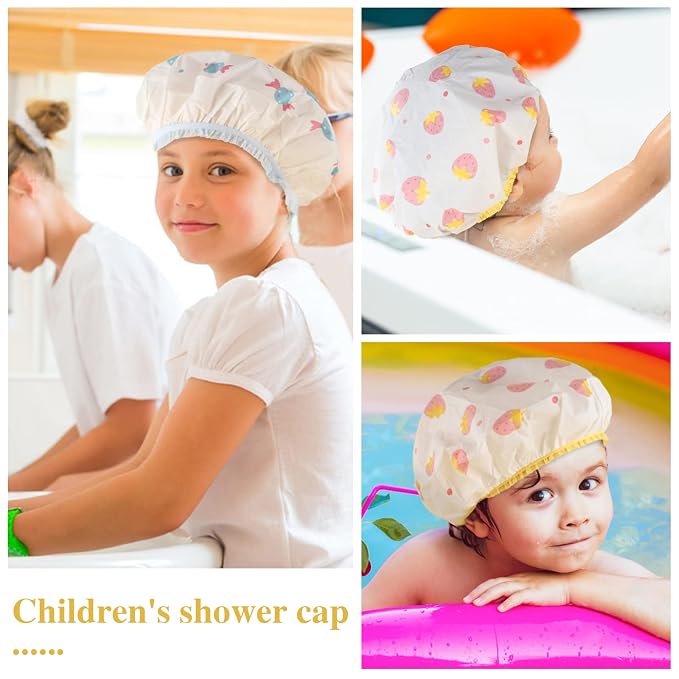 Waterproof Shower Caps, 3 Pcs Plastic Reusable Shower Caps Elastic Band Bath Caps for Women, Kids (Food) | Non-Slip Elastic Band, for Shower, Spa, Travel, Makeup, Cooking, Hair Care