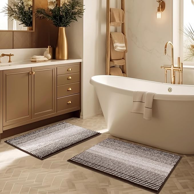 Bathroom Rugs Sets 2 Piece, Non Slip Striped Bath Mats, Brown | 20"x32" Plus 16"x24", Soft Absorbent Chenille, Quick Dry Machine Washable, Shower Rug for Bathroom Floor, Tub, Bedroom Decor