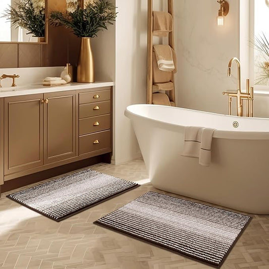 Bathroom Rugs Sets 2 Piece, Non Slip Striped Bath Mats, Brown | 20"x32" Plus 16"x24", Soft Absorbent Chenille, Quick Dry Machine Washable, Shower Rug for Bathroom Floor, Tub, Bedroom Decor