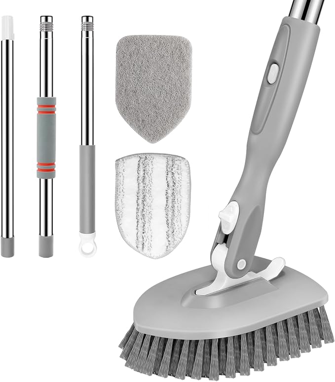 SetSail Tile Tub Scrubber Brush 3-in-1 Long Handle Shower Scrubber, Gray | with 3 Detachable Replacement Brush Head, Multi-Angle Cleaning Locks at 45°, 90°, 180° for Bathroom Kitchen Walls Tub Tile