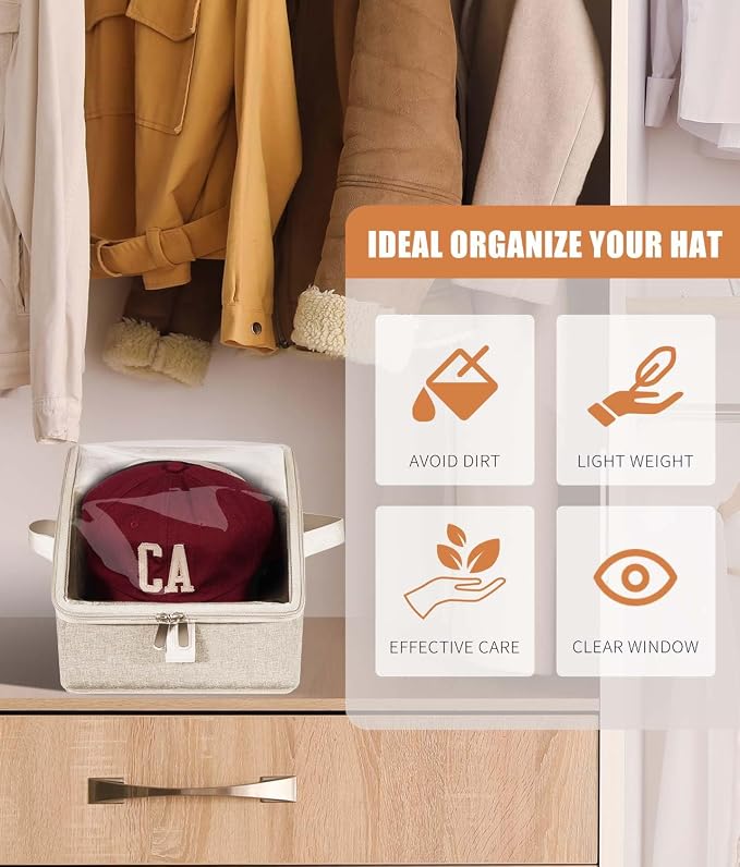 Livelab Hat Organizer for Baseball Caps, Hat Storage Box, Beige | 1Pcs | Clear Window, Space Saving and Easy to Store