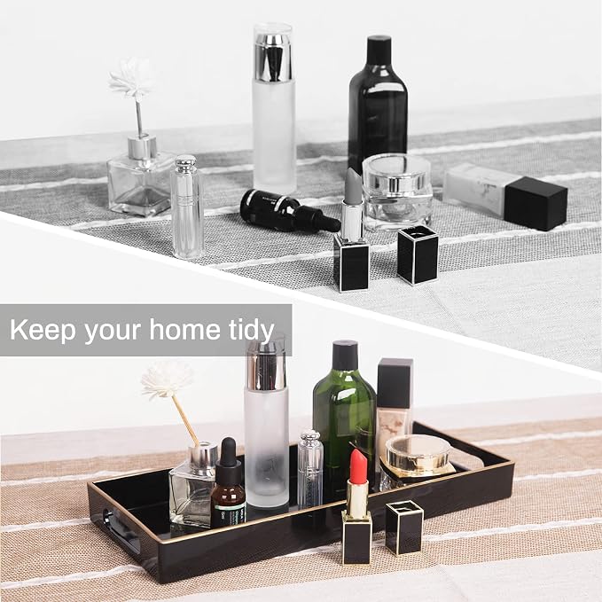 MAONAME Black Vanity Tray Set of 2, Plastic Decorative Tray with Handles, Small Narrow Trays, Rectangular Bathroom Trays for Toilet Tank, 13.8" X 6" X 1.57"