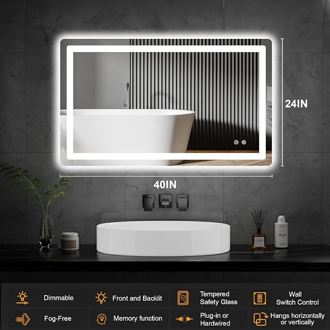 TRAHOME LED Bathroom Vanity Mirror with Lights, 24"x40" Lighted Wall Mirror | Front and Backlit, Anti Fog, Dimmable 3 Color Lighting, Memory Function, Shatterproof Glass, Plug in or Hardwired