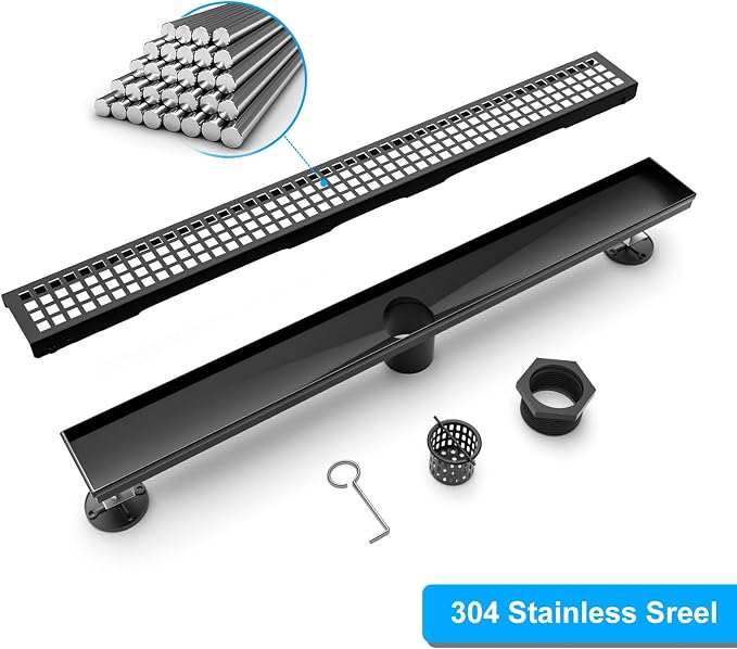 24 Inch Black Linear Shower Drain, Rectangular Shower Floor Drains with Square Hole Cover, 304 Stainless Steel Linear Drain with Leveling Feet, Hair Strainer (Matte Black)