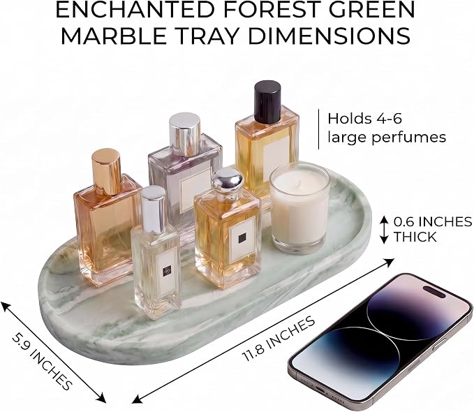 YKAJO Botanical Green Oval Marble Tray, 11.8x5.9 Vanity Perfume Organizer | Honed natural stone; jewelry & trinket dish, ring & key holder, soap & candle catchall; bath counter, dresser, coffee table