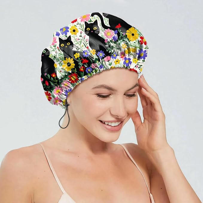 2 PCS Shower Cap Reusable Waterproof Double Layers Hair Caps Shower Bath Adjustable Elastic Hat for Women Girls Cute Aesthetic-Flower Black Cat