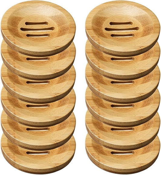 12 Pcs Bamboo Soap Dishes, Wooden Soap Tray Soap Holder, Shampoo Bar Holder Bar Soap Holder for Bathroom, Kitchen (Round)