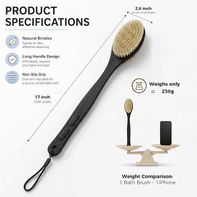 Back Scrubber for Shower with Long Handle, Exfoliating for Body,Black | Double Sided Bristles (Stiff & Soft), Anti-Slip Grip, Lightweight - Gift for Seniors, Includes Lanyard & Hook