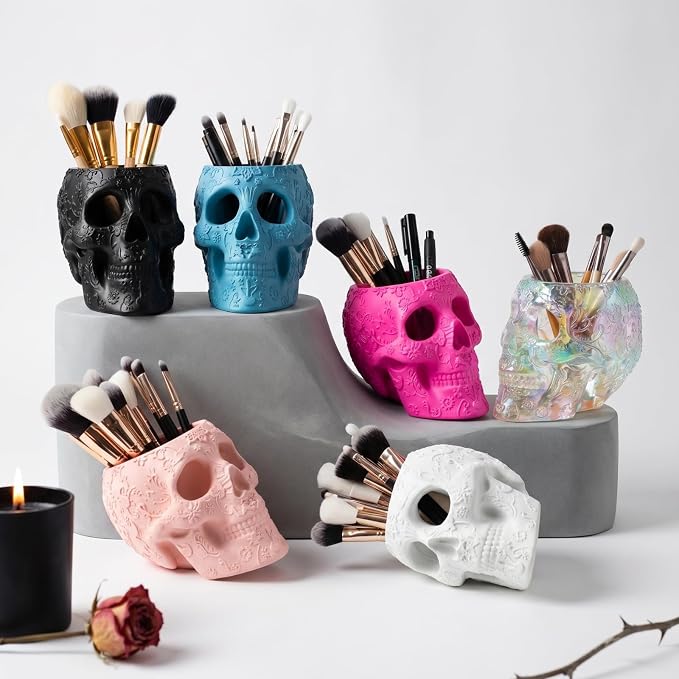 Skull Makeup Brush Holder, Pen Holder, Vanity, Desk, Office Organizer, Stationary, Decor Planter, Candy Bowl, Goth Decorations, Extra Large, Skulls Gothic Skull & Bones Organizer Bathroom (Blue)