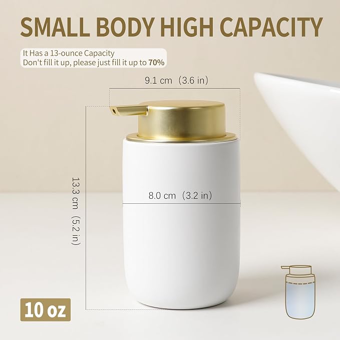 BosilunLife Lotion Pump Dispenser for Bathroom, Kitchen, Countertop | Hand Soap Dispenser Bathroom Ceramic Dish Liquid Soap Dispenser (White with Gold, Liquid Pump)