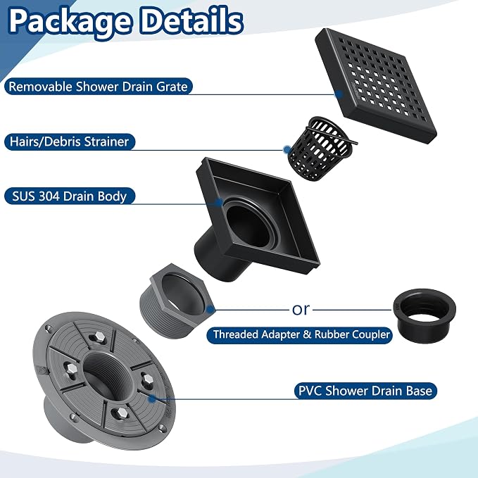 Neodrain 4 Inch Black Square Drain, 304 Stainless Steel Shower Drain Kits with PVC Base, Removable Cover Hair Catcher Strainer for Bathroom Floor Drain, Matte Black